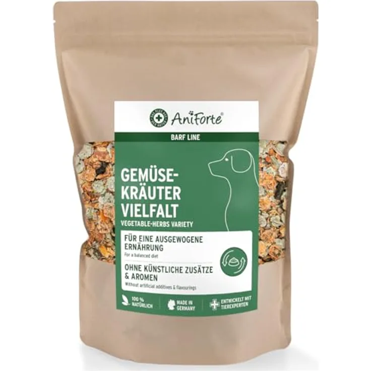 AniForte Barf Zusatz für Hunde Gemüse Kräuter Vielfalt 1kg - getreidefreies, glutenfreies Flockenfutter mit Möhren- und Erbsenflocken, 100% Natur ohne künstliche Zusätze