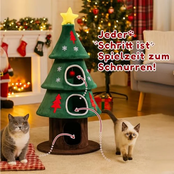 COMHOMA Kratzbaum im Weihnachtsbaum-Design, 135 cm hoch, mehrstöckiger Katzenbaum mit Katzenhaus und Sisal-Kratzsäulen, inklusive Spielball, stabil und katzenfreundlich – Bild 3