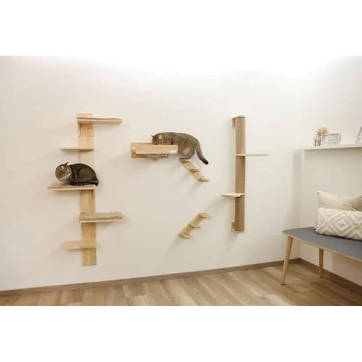 Kerbl Pet Kratzsäule Timber, 127cm Massivholz, Jute, inkl. Wandbefestigung, natur, mit 2 Plattformen – Bild 3