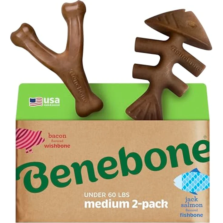Benebone 2er Fishbone/Wishbone Kauspielzeug, Hundeknochen in M, 100% echter Speck, robust und leicht zu greifen – Bild 1