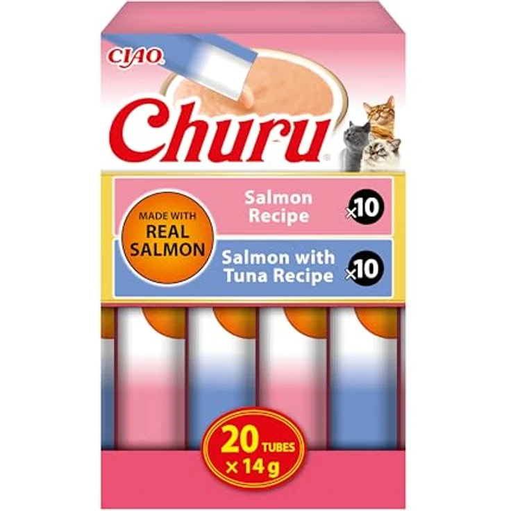 INABA Churu Salmon, Cremige Katzenleckerlis ohne Getreide & Zucker, 20 x 14 g, hochfeuchtigkeitsgehalt, Lachs und Thunfisch Rezepte – Bild 1