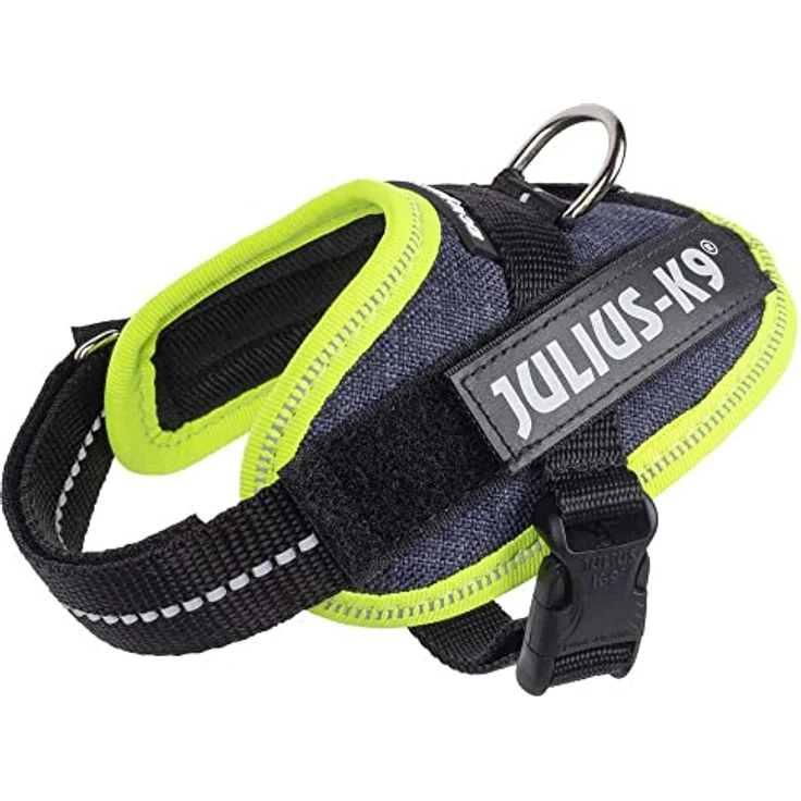 JULIUS K-9 IDC Powergeschirr, Größe 3XL / 4, Jeans mit neon Randverzierung, robust und reflektierend, mit Klettaufschriften