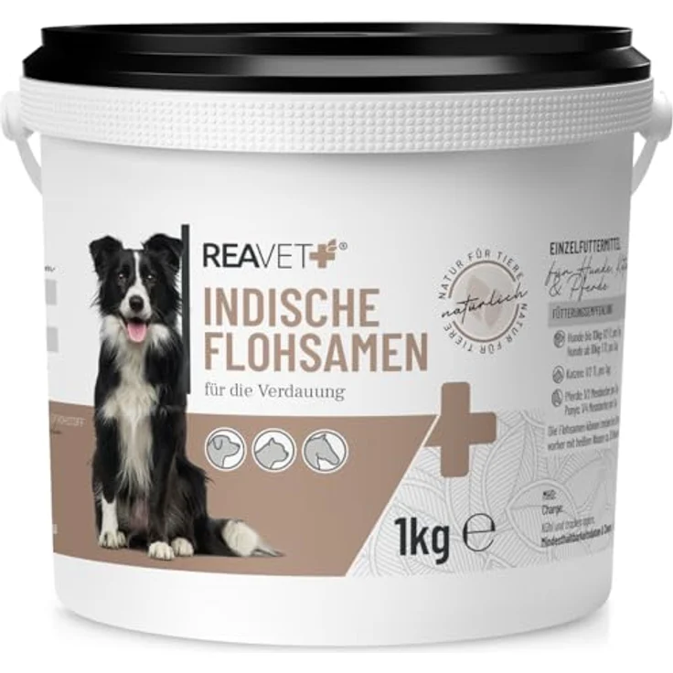 REAVET Indische Flohsamen 1kg, natürliche Futterergänzung zur Unterstützung der Verdauung und Darmfunktion, ballaststoffreich, für Hunde, Katzen & Pferde – Bild 1