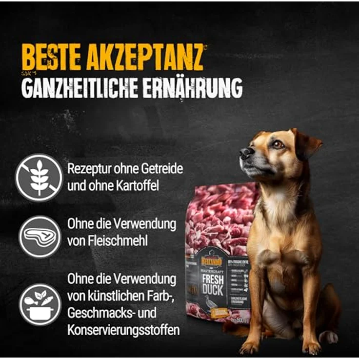 BELCANDO MASTERCRAFT Hundefutter trocken Fresh Duck, 500g, getreidefreies Trockenfutter mit 80% frischem Entenfleisch, für alle Rassen, Made in Germany – Bild 5