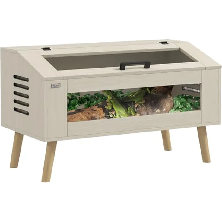 PawHut Terrarium für Reptilien, 100 x 50 x 60 cm, 140L Fütterungsbox mit gehärteten Glasfenstern, aufklappbarem Deckel und optimaler Belüftung, Eiche