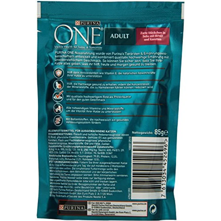 PURINA ONE Adult - Nassfutter für Katzen, Rind & Karotte, 26 x 85 g, unterstützt natürliche Abwehrkräfte und optimale Verdauung – Bild 2