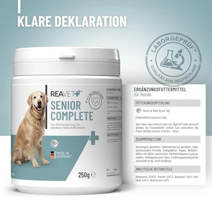 REAVET Senior Complete 250g, Hundefutter zur Unterstützung der Vitalität und Beweglichkeit von Seniorhunden, mit Taurin und Pflanzenstoffen – Bild 7