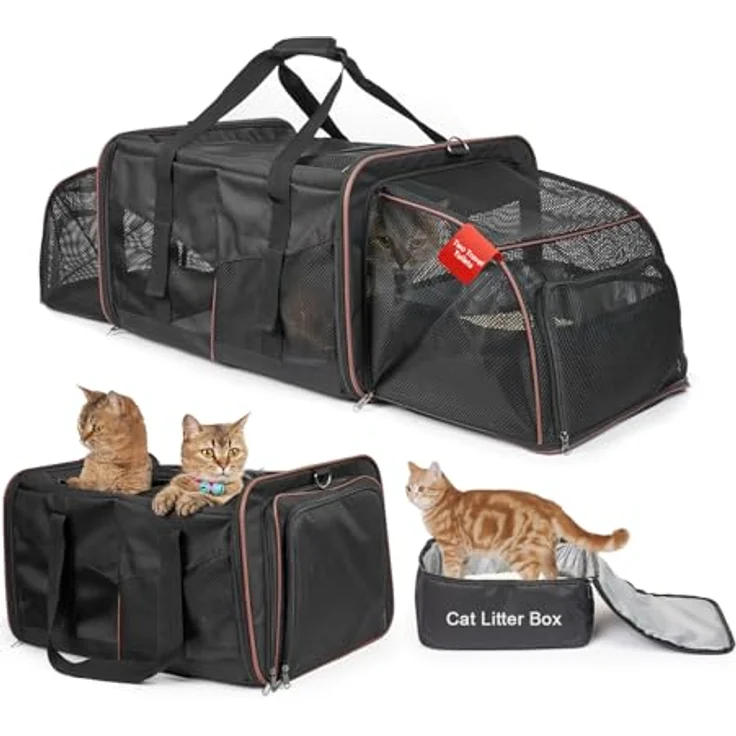LitaiL Faltbare Katzentransportbox für 2 Katzen oder große Katze, mit zwei wasserdichten Katzentoiletten, atmungsaktiv und waschbar, Schwarz – Bild 1