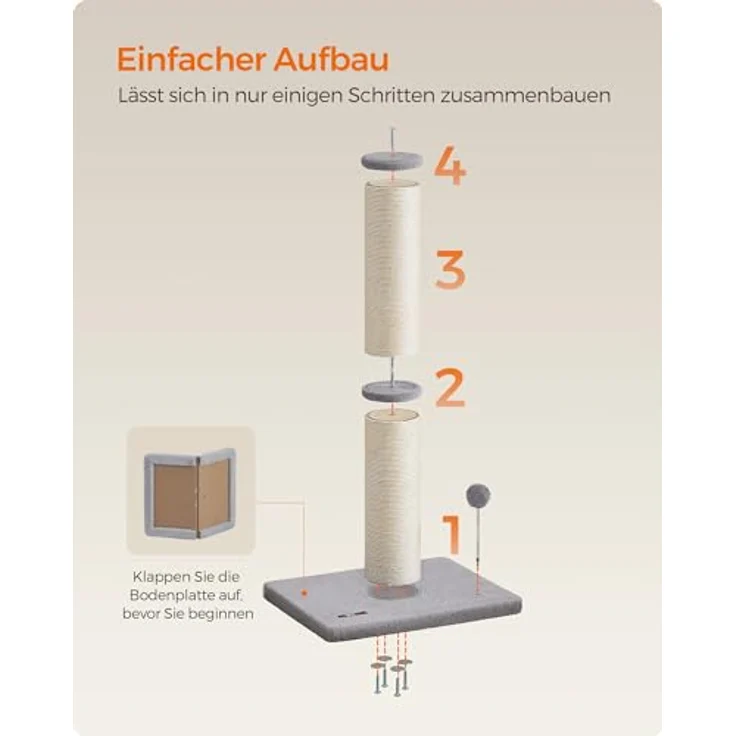 Famanu Katzenkratzbaum 85 cm hoch, dicke Säule aus robustem Sisal, taubengrau, mit Plüschball und Glocke – Bild 9