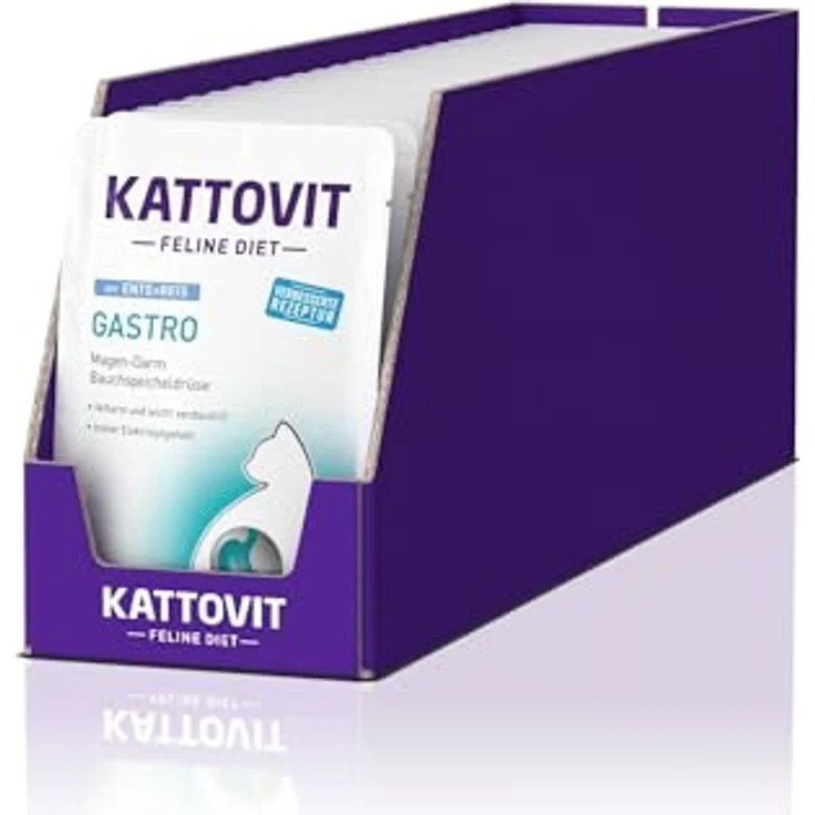 KATTOVIT Gastro Nassfutter für Katzen, Diät-Alleinfuttermittel zur Unterstützung des Magen-Darm-Systems, 24 x 85 g Ente mit Reis – Bild 1