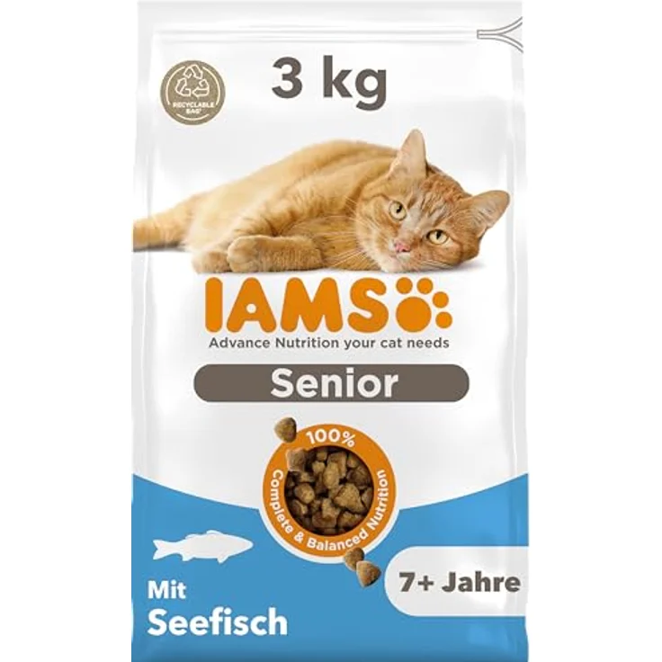 IAMS Senior Katzenfutter trocken mit Fisch, 3 kg - Ausgewogenes Futter für ältere Katzen ab 7 Jahren, reich an tierischen Proteinen, weizenfrei, unterstützt Gesunde Gelenke und starkes Immunsystem – Bild 1