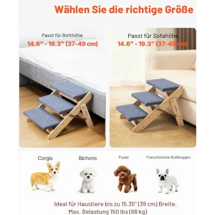 VEVOR Hundetreppe 3-stufige klappbare Holztreppe, bis 68 kg, stabil mit rutschfester Oberfläche für Betten, Sofas & Autos, 510x470x370 mm – Bild 5