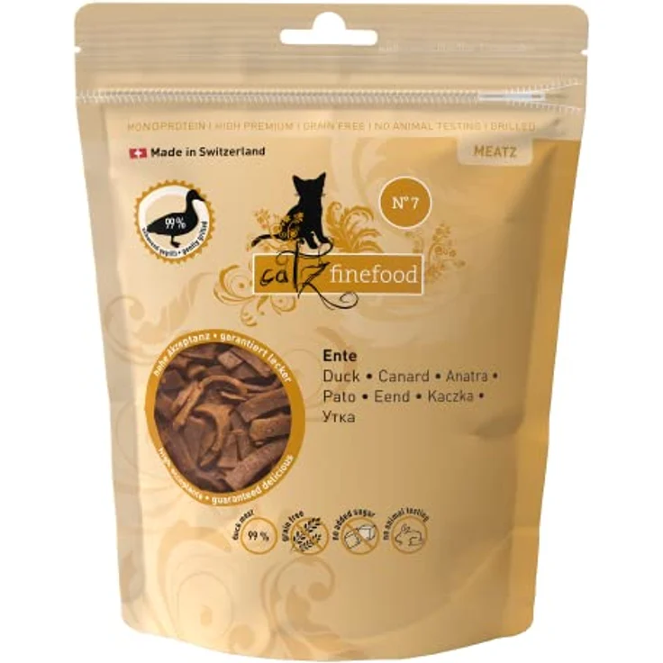 catz finefood Meatz Katzen Leckerlies Ente N° 7, knusprig gegrillte Streifen aus 99% Entenfleisch mit Aloe Vera, zuckerfrei und getreidefrei, 45g – Bild 1