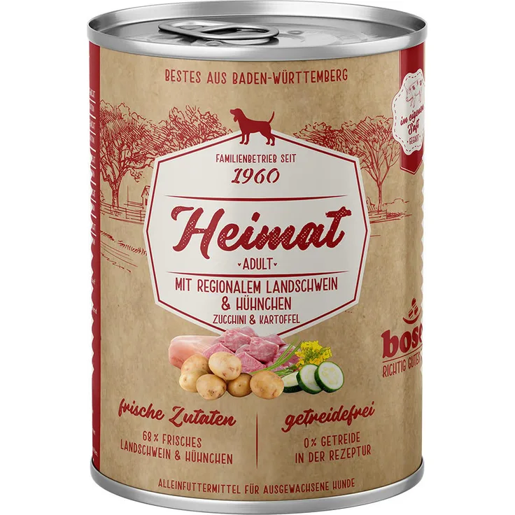 Bosch Heimat Adult, Hunde-Nassfutter mit 42% regionalem Landschwein und 26% Hühnchen, 12x400g