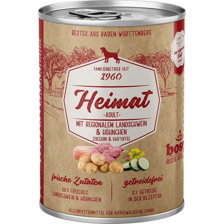 Bosch Heimat Adult, Hunde-Nassfutter mit 42% regionalem Landschwein und 26% Hühnchen, 12x400g