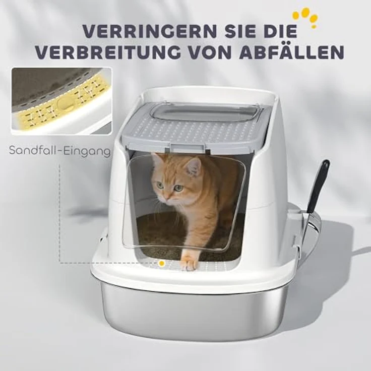 PawHut Edelstahl Katzenklo mit Deckel, XL Katzentoilette 52,4 x 41,3 x 39,8 cm für Katzen bis 5 kg, geruchsabweisend, weiß, inkl. Schaufel und Geruchsneutralisiererbeutel – Bild 5