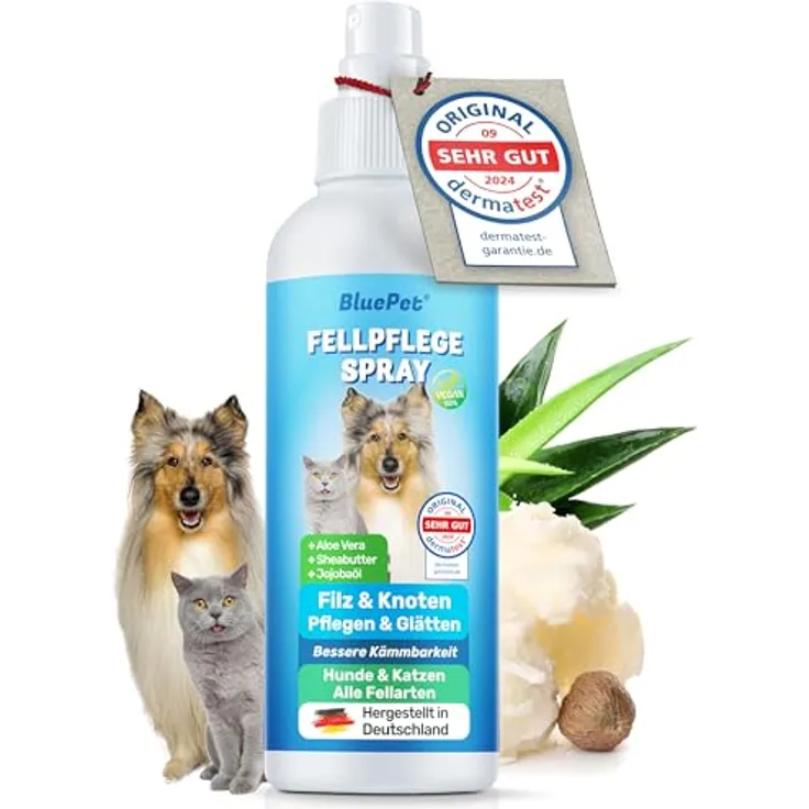 BluePet Entfilzungsspray 200 ml für Hunde & Katzen, Anti-Filz Spray mit Aloe Vera, Shea-Butter & Jojobaöl, verbessert Kämmbarkeit, dermatologisch getestet, vegan