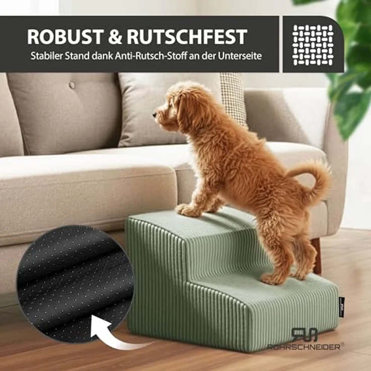 Rohrschneider Hundetreppe für kleine Hunde, rutschfeste Katzentreppe mit waschbarem Cordbezug und Schaumstofffüllung, Made in EU, Salbei – Bild 5