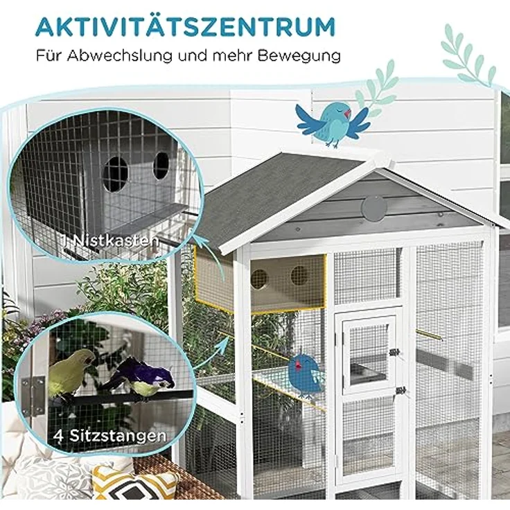 PawHut Vogelvoliere aus Holz, großer Wellensittichkäfig mit 4 Sitzstangen, ausziehbarer Bodenwanne, wasserabweisendem Dach, 112 x 68 x 154 cm, Tanne – Bild 5
