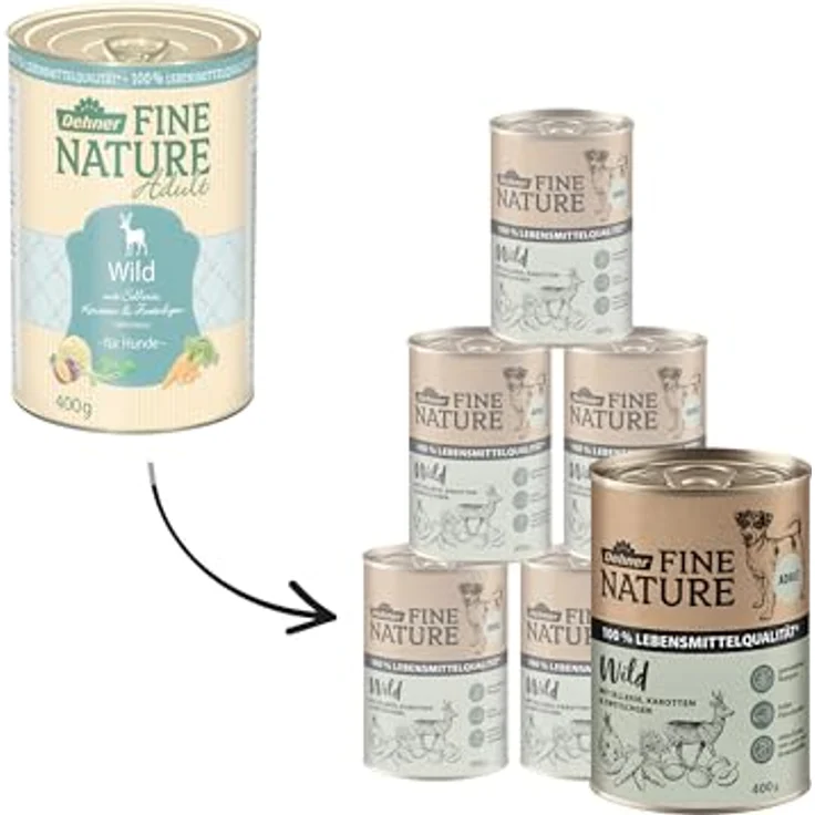 Dehner Fine Nature Hundefutter, Nassfutter in Lebensmittelqualität, Wild mit Sellerie und Karotten, getreidefrei, 6 x 400 g Dose (2.4 kg) – Bild 3