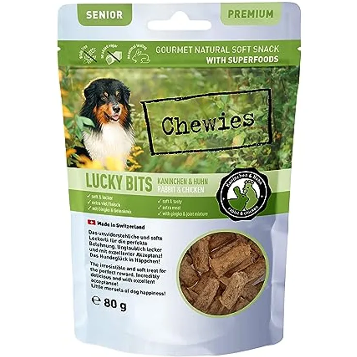 Chewies Lucky Bits Kaninchen & Huhn Senior, getreidefreies Soft-Hundeleckerli mit viel Protein und Superfoods, ohne Zucker, 80 g