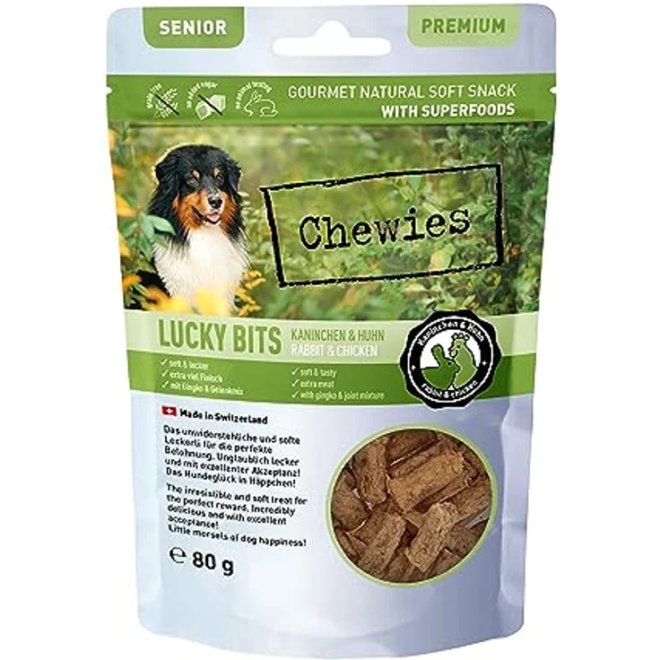 Chewies Lucky Bits Kaninchen & Huhn Senior, getreidefreies Soft-Hundeleckerli mit viel Protein und Superfoods, ohne Zucker, 80 g – Bild 1