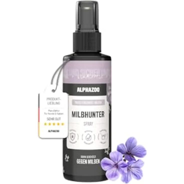 alphazoo Milbhunter Spray für Hunde 100ml, mit Zitronen-Eukalyptus & Geraniol, natürliche Inhaltsstoffe, hautpflegend gegen Milben