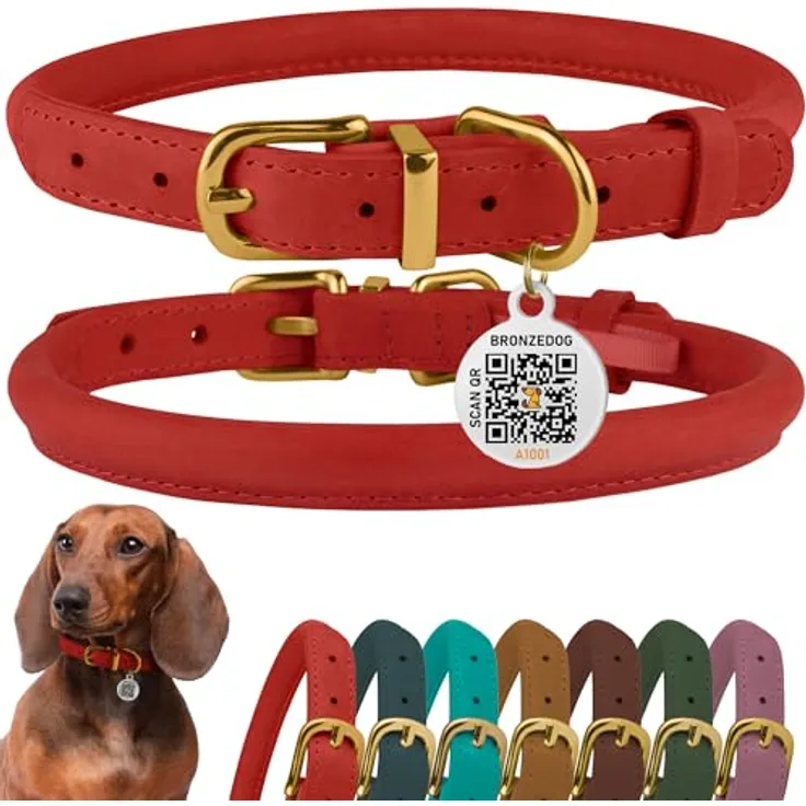 BRONZEDOG Hundehalsband gerolltes Leder mit QR-ID-Tag, verstellbar, weich, rund für kleine bis große Hunde und Katzen, klassisches Rot, 40-48 cm