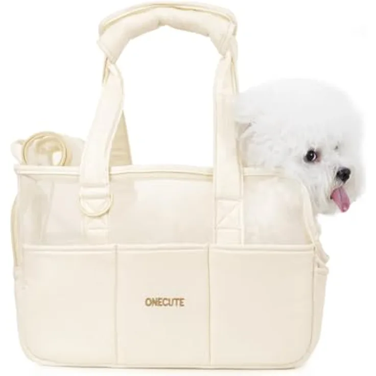 ONECUTE Klappbare Hundetasche für Kleine Hunde, Katzen & Kaninchen – Tragetasche mit Sicherheitsverschluss, Belüftungsmesh & 5 Seitentaschen, Beige durchlässig, 34x16x25 cm
