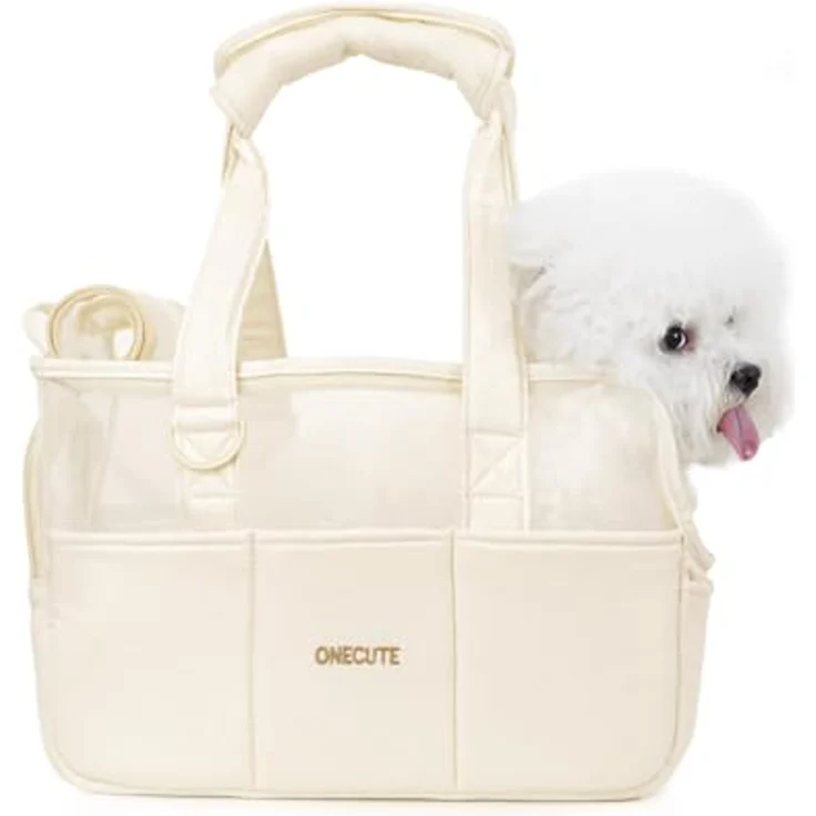 ONECUTE Klappbare Hundetasche für Kleine Hunde, Katzen & Kaninchen – Tragetasche mit Sicherheitsverschluss, Belüftungsmesh & 5 Seitentaschen, Beige durchlässig, 34x16x25 cm – Bild 1