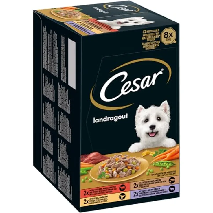 Cesar Schale Multipack Landragout, 4 Varietäten 8x150g, 100% ausgewogenes Hundefutter, ohne Zucker, mit natürlichen Zutaten