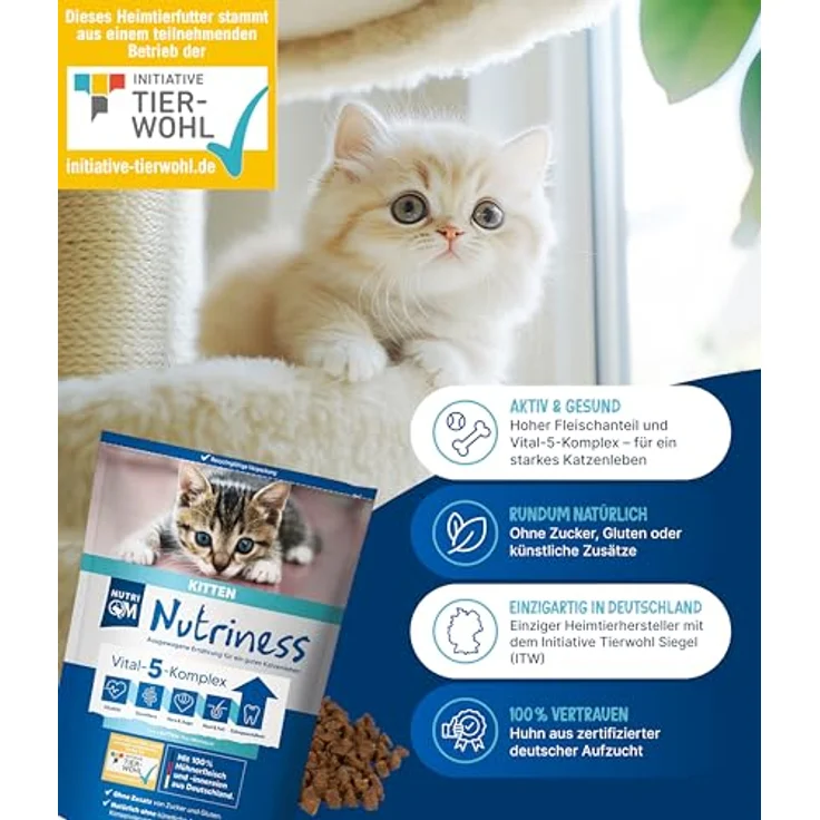 NutriQM® Nutriness Kitten Trockenfutter Huhn [5×750 g], ohne Gluten & Zucker, hoher Fleischanteil, für junge Katzen, Initiative Tierwohl Zertifiziert, Made in Germany – Bild 4