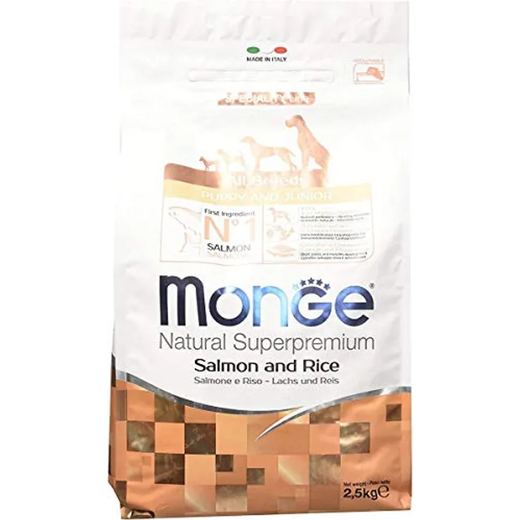 Monge Natural Superpremium Puppy and JUNIOR Salmon and Rice, Hundefutter für alle Rassen, sehr ballaststoff- und vitaminreich, 2,5 kg
