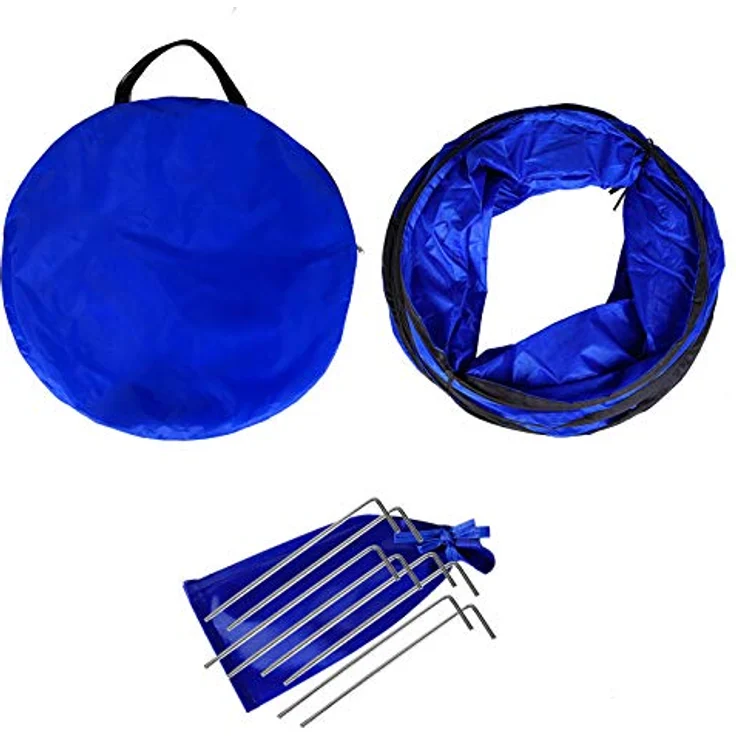 lionto Outdoor Tunnel, faltbarer Agility Tunnel für Hunde und Kinder, 500x60 cm, reißfest mit Heringen und Tragetasche, blau – Bild 3