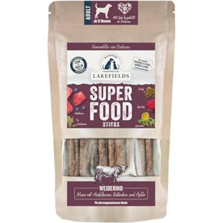 Lakefields SUPERFOOD Sticks, Premium Hundeleckerli vom Weiderind, 61% Fleisch, 130g, getreidefreie Snacks mit Heidelbeeren, Karotten & Rote Beete, entwickelt mit Tierärzten – Bild 1