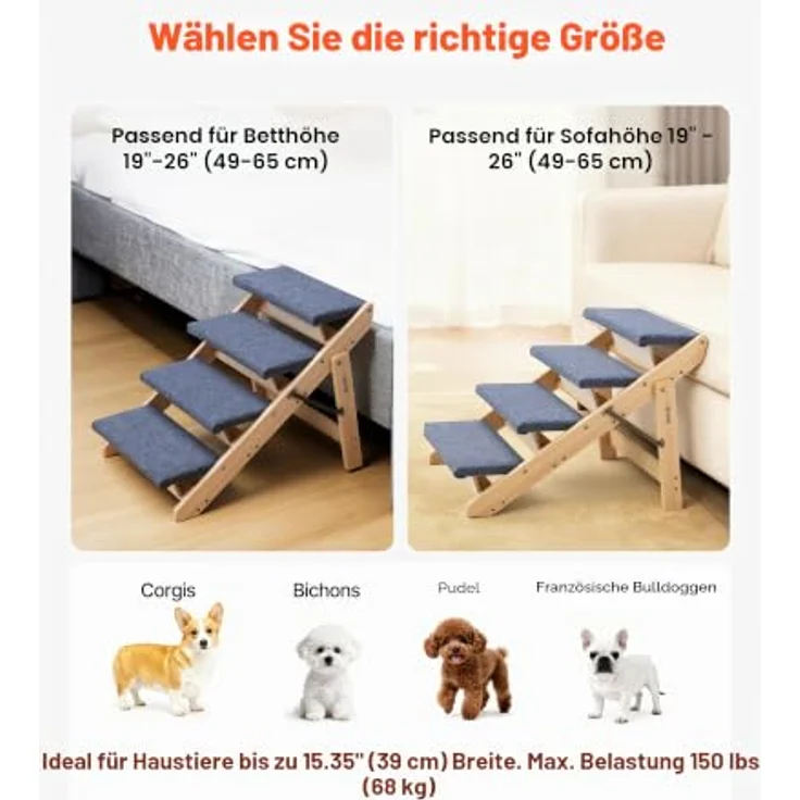 VEVOR Hundetreppe 630x470x490 mm, 4-stufige klappbare Holztreppe für Haustiere bis 68 kg, rutschfeste Oberfläche, ideal für Betten, Sofas & Autos – Bild 5