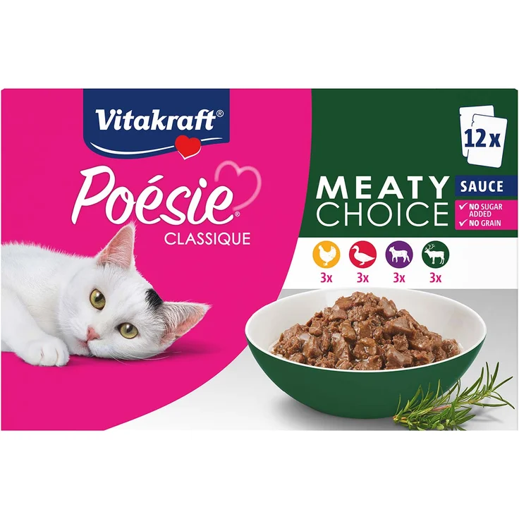 Vitakraft Poésie Classique Meaty Choice Sauce, Katzen-Nassfutter in 12x85g Packung für ausgewachsene Katzen