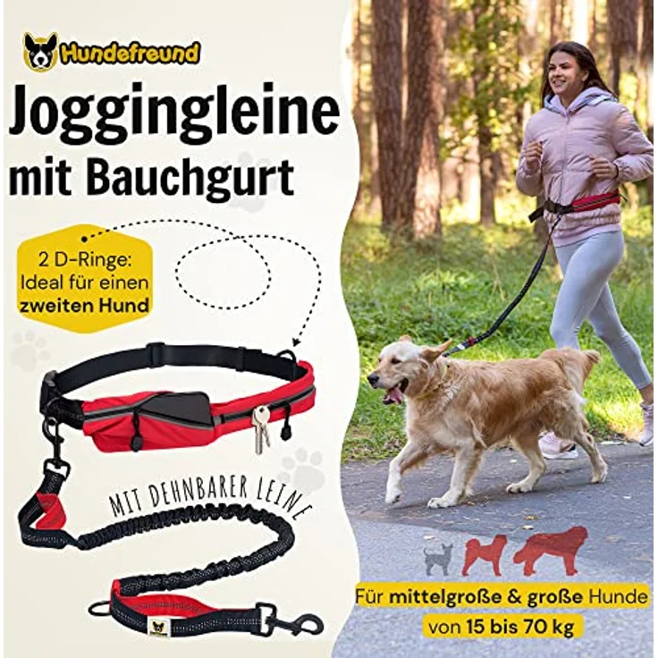Hundefreund Joggingleine mit Bauchgurt Rot, elastisch und ruckdämpfend, reflektierend für Hunde bis 70 kg, freie Hände zum Joggen, Laufen, Radfahren und Wandern – Bild 2