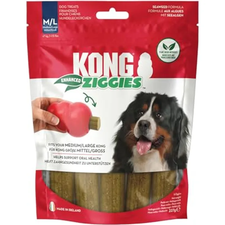 Kong Classic M, Hundespielzeug aus Naturkautschuk, 8,5 cm + Kong Ziggies Enhanced, 227 g