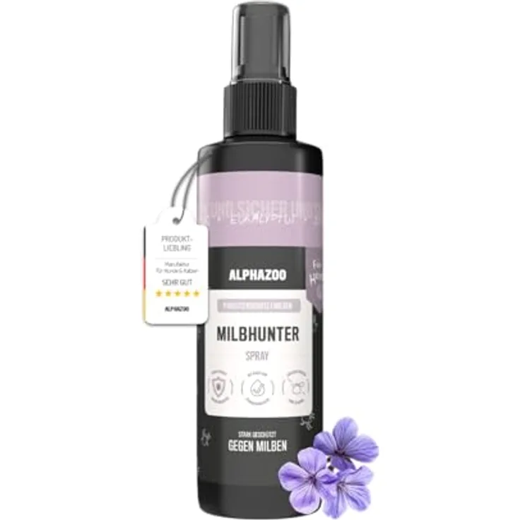 alphazoo Milbhunter Spray für Hunde 250ml, mit Zitronen-Eukalyptus & Geraniol, gegen Milbenbefall, natürliche Inhaltsstoffe, hautschonend