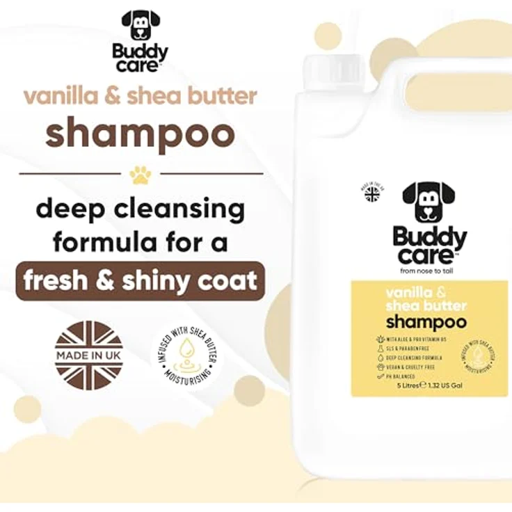 Buddycare Vanille- & Sheabutter-Hundeshampoo, feuchtigkeitsspendend mit Aloe Vera und Pro-Vitamin B5, 5L – Bild 2