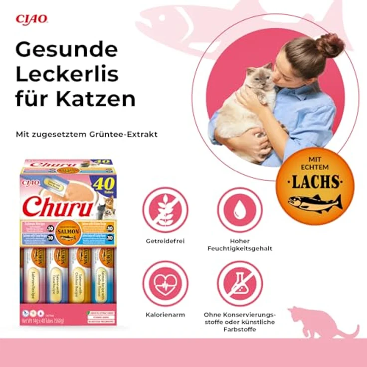 INABA Churu Salmon, Katzensnacks Variety Pack mit Lachs, Thunfisch, Huhn und Jakobsmuschel, 40 × 14 g, hoher Feuchtigkeitsgehalt, ohne Getreide – Bild 4
