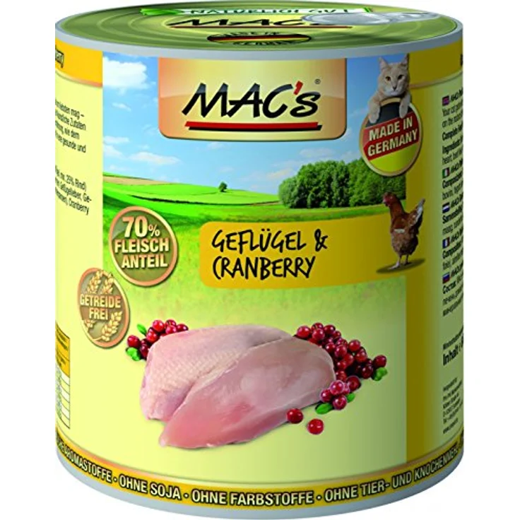 MAC's Cat Geflügel & Cranberry, getreidefreies Katzen-Nassfutter, 6 x 800 g mit 45% Geflügel und 3% Cranberry – Bild 1