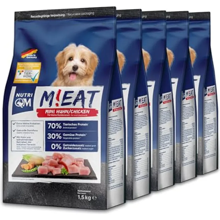 NutriQM® Mini Trockenfutter für Hunde, 7,5 kg (5×1,5 kg), 70% Fleischanteil, getreidefrei, kleine Kroketten, ohne Zucker & Zusatzstoffe, Made in Germany