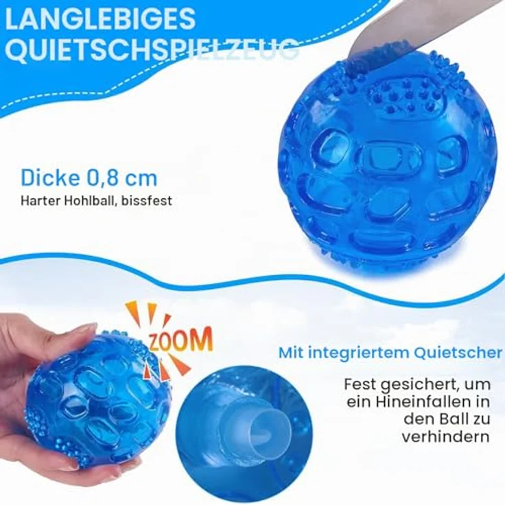 PETTOM Hundeball Quietschend 3er Set, Unzerstörbare Spielbälle für Große und Kleine Hunde, Schwimmfähig in Orange, Blau, Grün, Durchmesser 7,5cm – Bild 3
