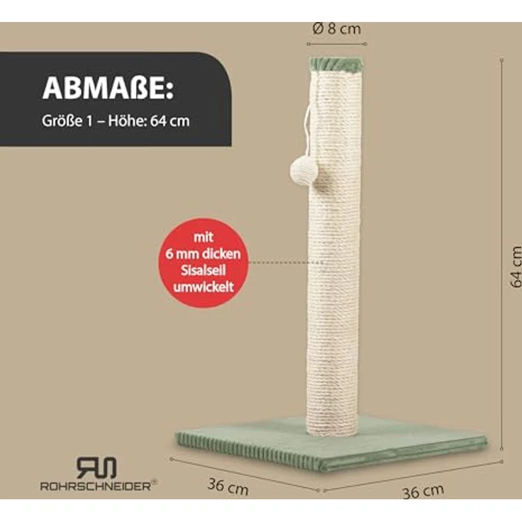 Rohrschneider Kratzbaum klein, Kratzsäule mit Spielkugel, Sisalstärke 6 mm, Bodenplatte mit Cordüberzug, Höhe 64 cm, Farbe Salbei – Bild 3