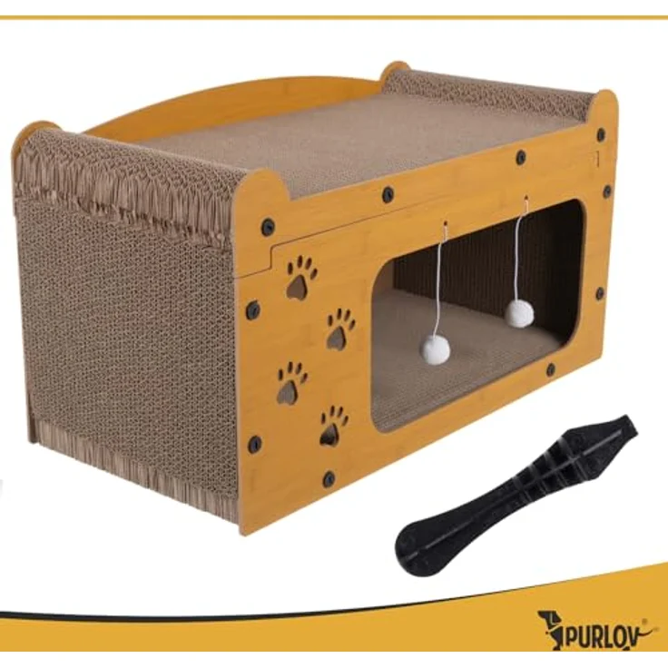Purlov Katzen Kratzhaus 3-in-1, mit 2 Ebenen, HDF & extra fester Wellpappe, Liegeplatz + Kratzfläche + Spiel, stabil & rutschfest, für 1–2 Katzen, inkl. Bälle, 29,5×56×27 cm, Eco Design – Bild 5