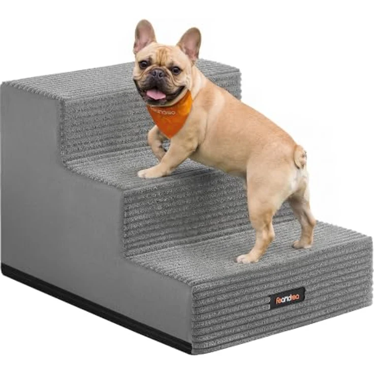 Feandrea Hundetreppe Baddi Kollektion PPS023GD01, 3-stufige Katzentreppe aus hochdichtem Schaumstoff, graue Waschbare Hunderampe für kleine Hunde, 46 x 40 x 33 cm, rutschfest und wasserdicht – Bild 1