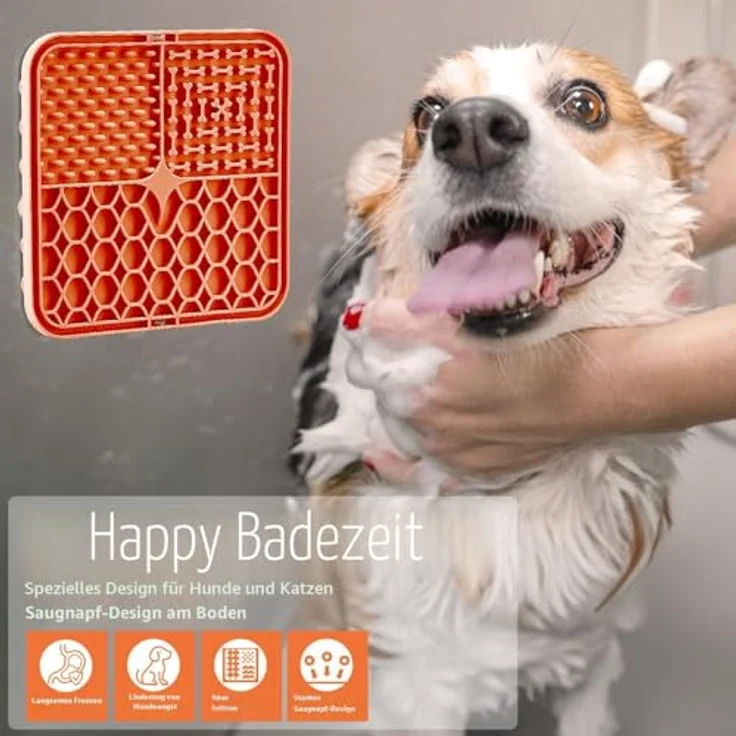 Aileem Schleckmatte für Hunde und Katzen, 4 Stück mit Saugnapf, lebensmittelechtes Silikon, ideal für Baden und Fellpflege, inkl. Silikonspatel und Bürste – Bild 2