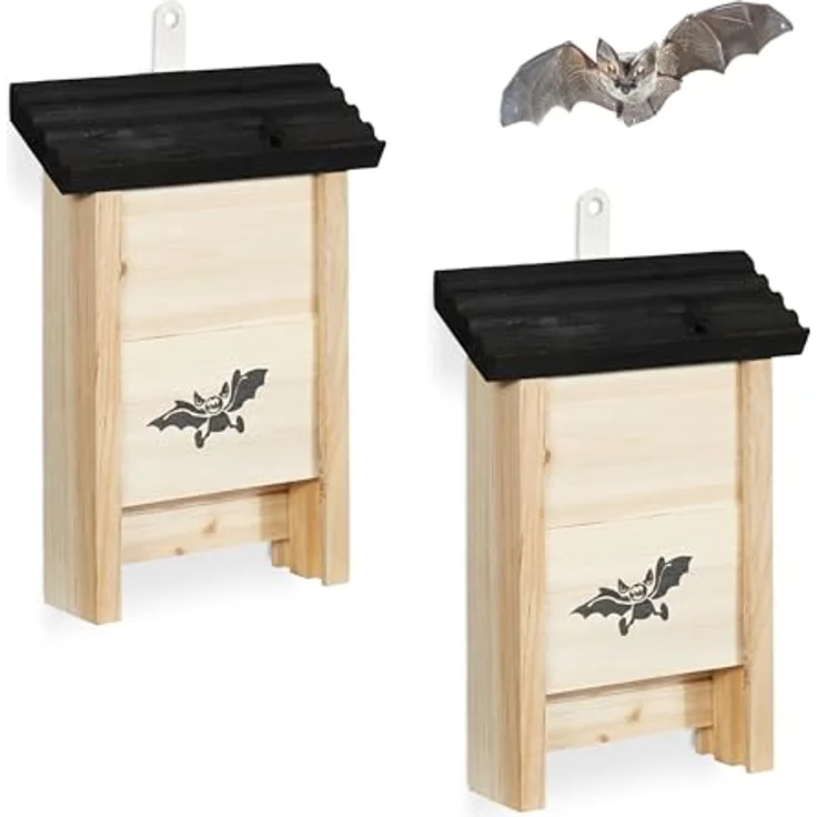 relaxdays Nistkasten Fledermauskasten 2er Set, schwarz, aus unbehandeltem Tannenholz mit Anflughilfe und rauer Oberfläche – Bild 1